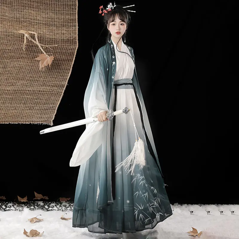 

Snow Bamboo Hanfu Couples Made in Song and Jin Dynasties, Chinese Style Cross Collar, Waist length Printed Ru Skirt, Daily