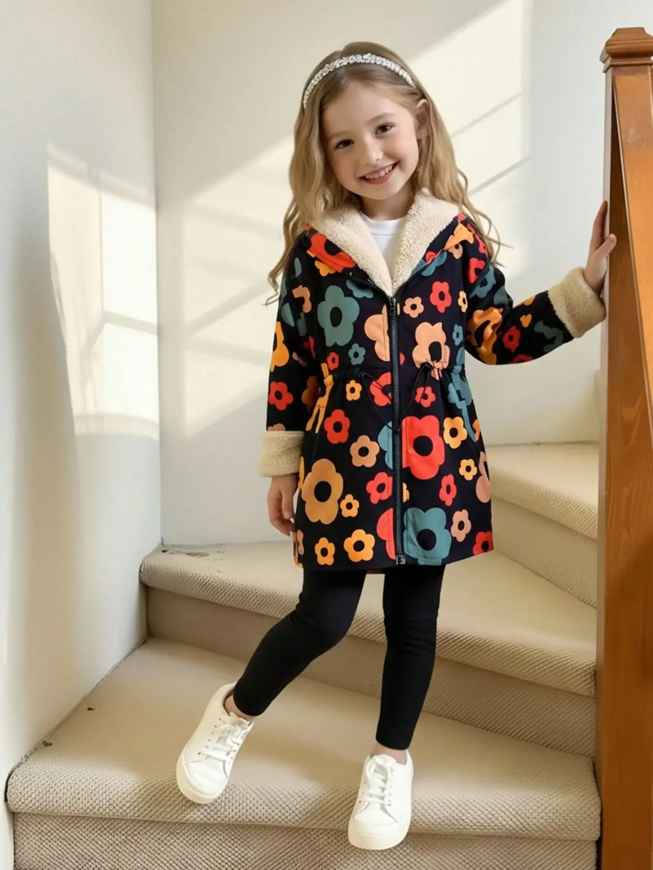 

Детская куртка на молнии с цветочным принтом и флисовой подкладкой, теплая повседневная верхняя одежда для осени и зимы
