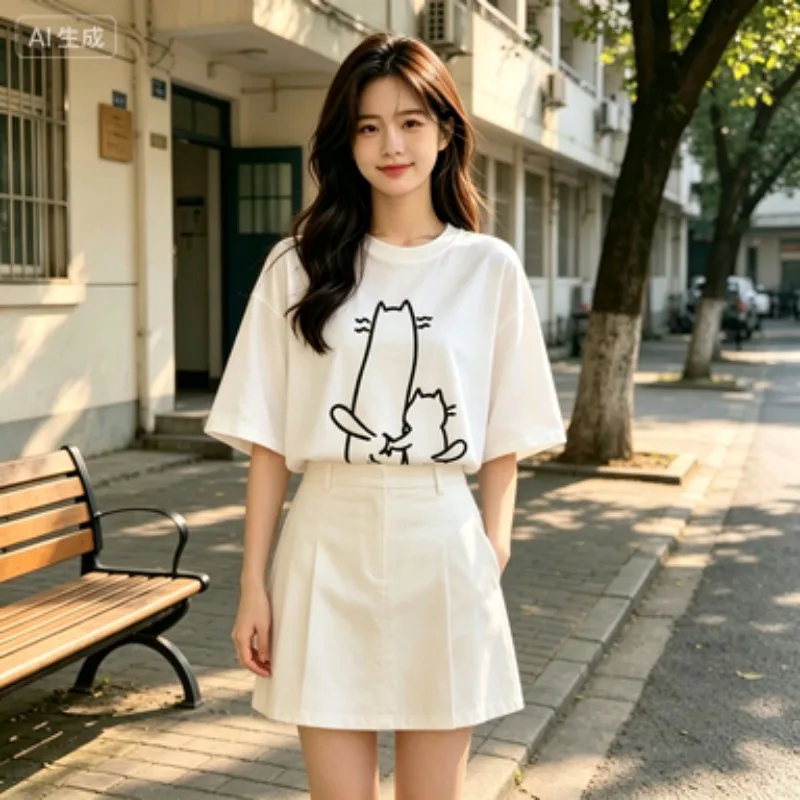 Cute Cat Back Pattern T-shirt Minimalist Kitten Line Art T-shirt Kawaii Animal Summer Short Sleeve Top Neutral Casual Shirt