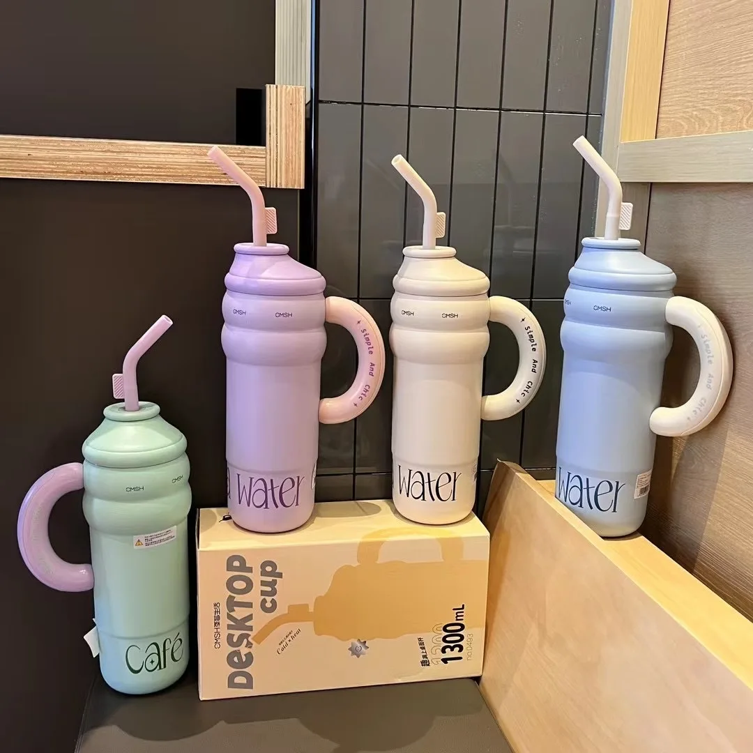 

1300ml Thermos Cup High Looking Water Cup Large Capacity Silicone Portable Water Cup With Tea Straw Portable Ice Cup For Outings