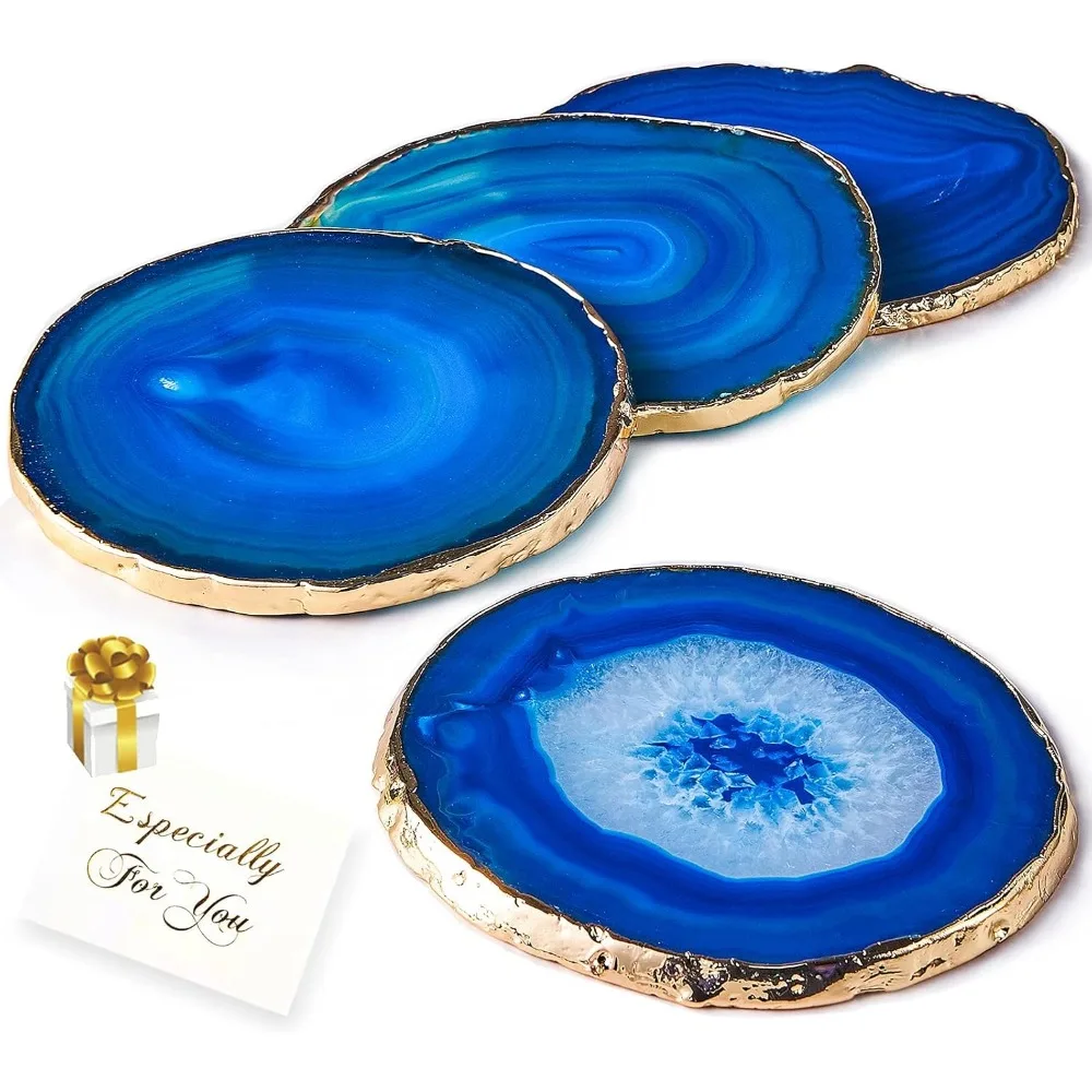 

Blue Agate Coasters Set of 4,Brazilian Geode Coasters for Drinks with Gold Rim(4"-3.5"),Natural Gem Stone Coasters Blue,Gemstone