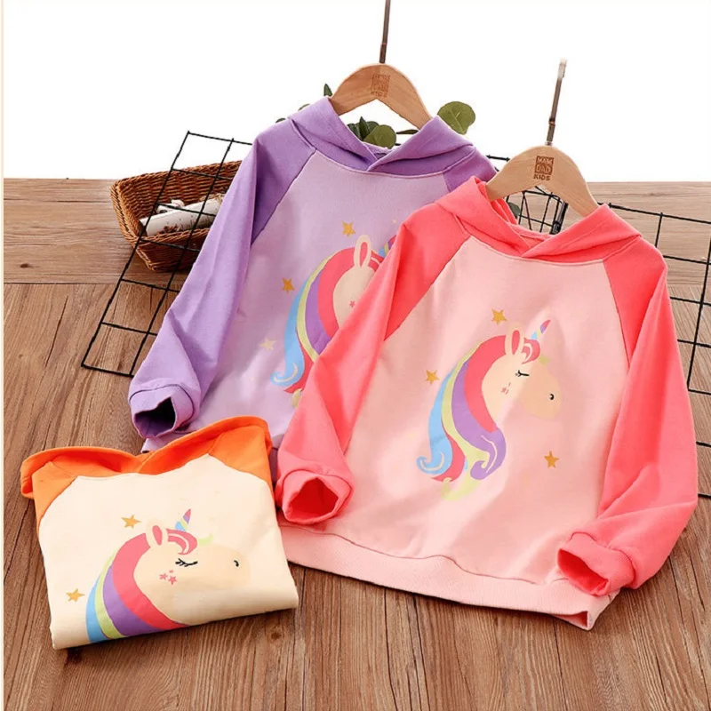 2-14 Years Spring Autumn Kids Clothing Children Cotton Pink Purple Cartoon Unicorn Sweatshirt Tops Girls Pullover Hoodies