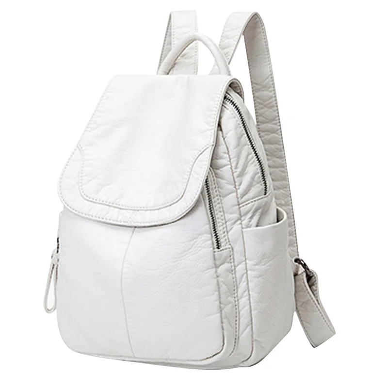 【SEE】2X Borsa da scuola casual in morbida pelle da donna Zaino in pelle lavata Borsa da viaggio piccola per ragazza-Bianco