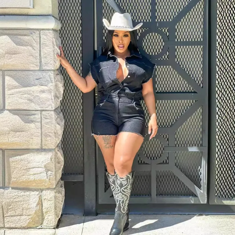 

Women Summer Denim Rompers Sexy Turn Down Collar Short Sleeve Single Breasted Stretch Jeans Playsuits Casual Streetwear Overalls