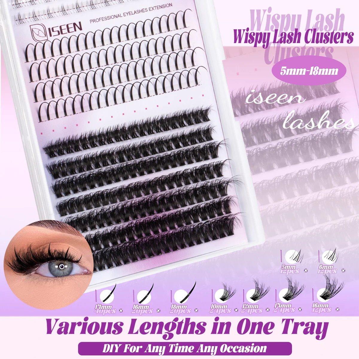 مجموعة مجموعات الرموش الرقيقة مجموعات الرموش Wispy ملحقات الرموش العنقودية المجعدة مع رموش السندات وملقط الختم