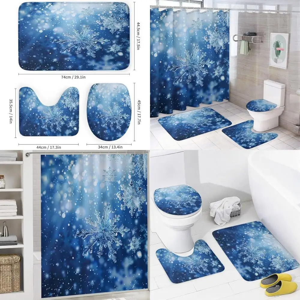 

Winter Snowflake Shower Curtain Set with Toilet Lid Cover, U-Shaped Mat, Non-Slip Rugs, 72x72 inches