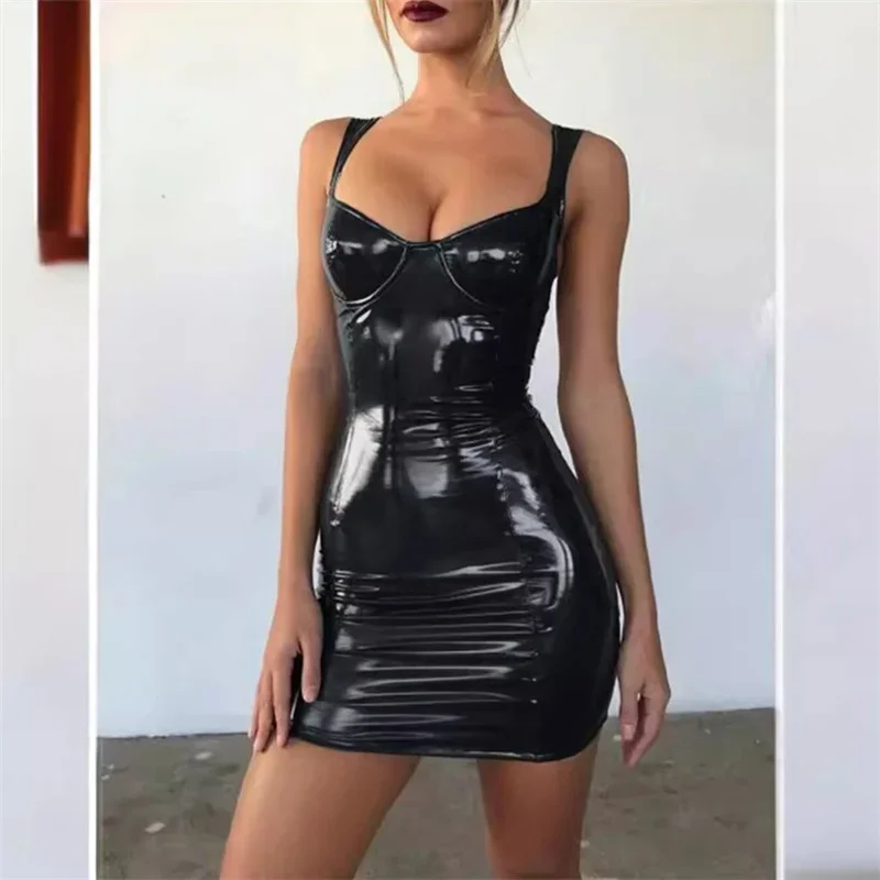 Women Glossy Patent Leather Sleeveless Dresses Sexy Slim Fit Wrap Hip Dress Female Casual Party Nightclub Suspenders Short Gown