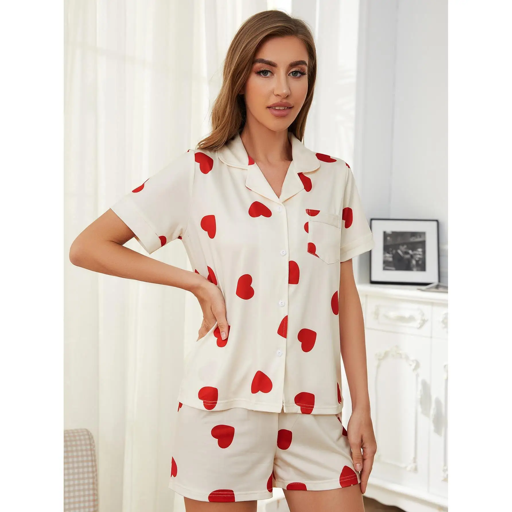 Summer Women's Loungewear Thin Comfortable Love Printed Short-sleeved Sleep Shirt Shorts Two-piece Night Wear For Ladies Pijama