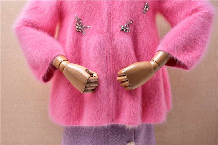 Women Mujer Autumn Winter Clothing Pink Beading Hairy Mink Cashmere Knitted Fur Collar Long Sleeves Loose Cardigans Sweater Coat