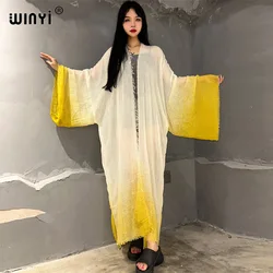 WINYI-kimono largo de color degradado para mujer, traje de playa elegante, abrigo africano, vestido maxi bohemio, ropa de playa, novedad de verano