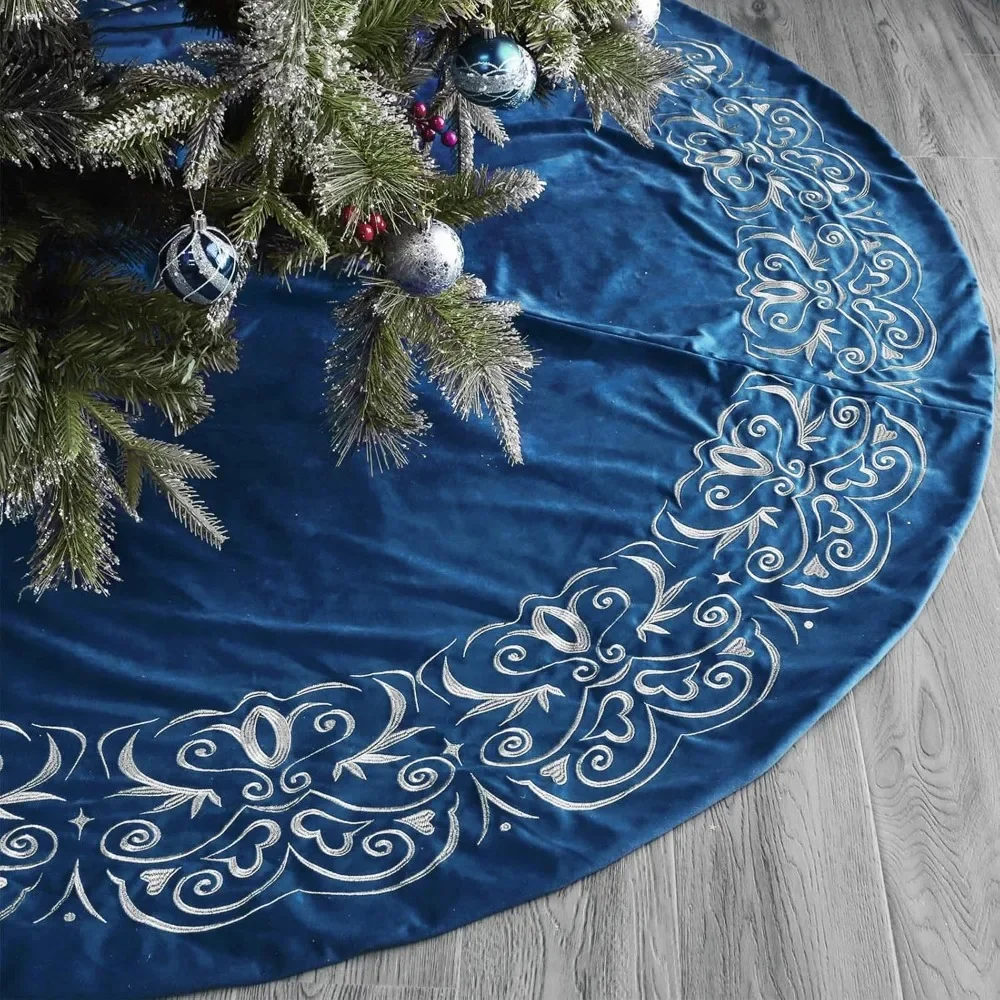 Christmas Tree Skirt, 72 inch Large Velvet Fur Plush Blue Tree Skirt, Xmas Tree Skirts with Gold Embroidered Wave Pattern for