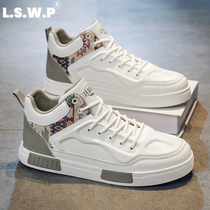 Men's Running Shoes, New Retro Ethnic Style Men's High-Top Sneakers, Color-Blocking Pu Leather Casual Men's Shoes, Wear-Resistant Thick-Soled Mid-Top Trendy Shoes, Street Fashion Versatile Commuter Casual Sports Shoes