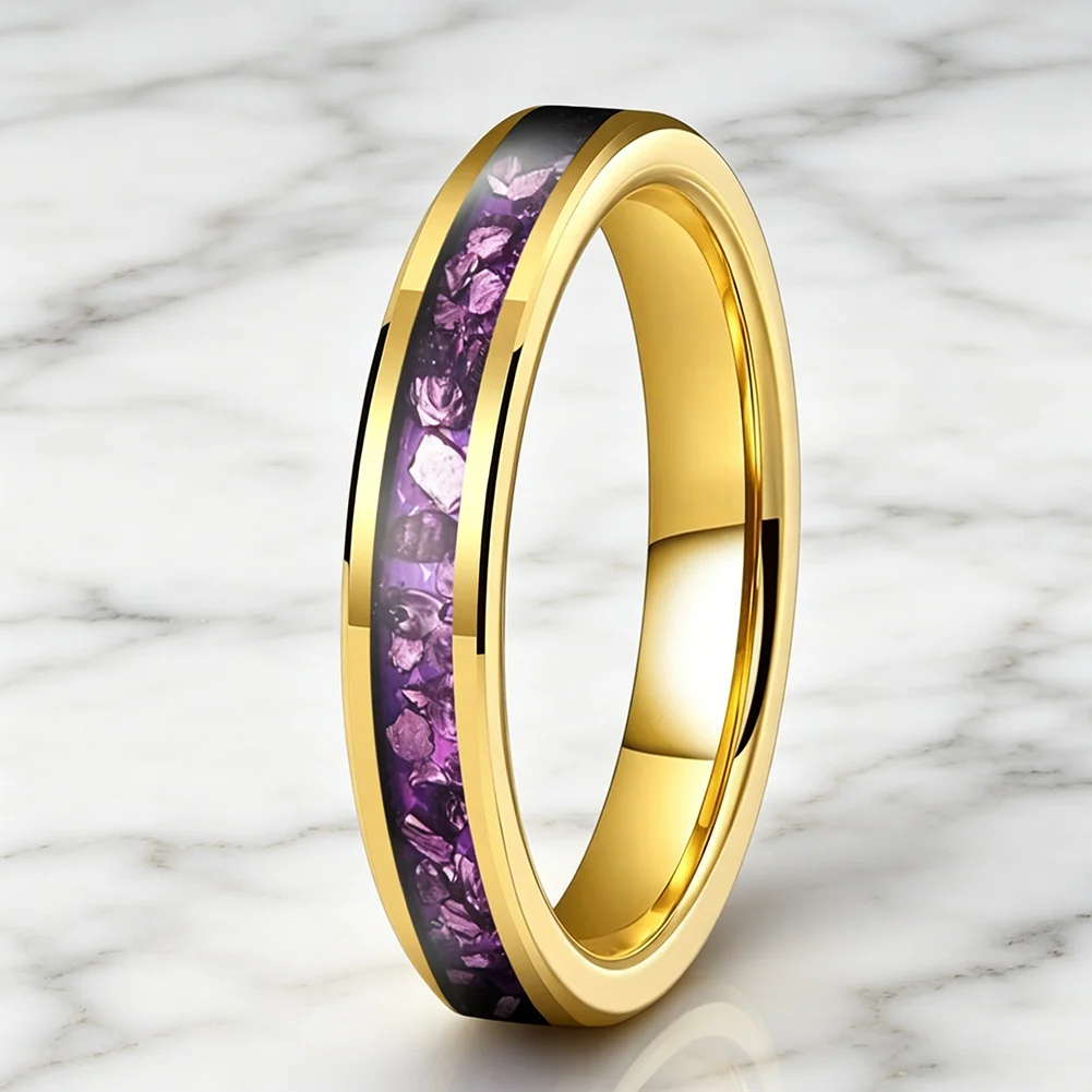 4mm Wolframringe mit Lila Edelstein-Einlage, Modeschmuck, Verlobungs- und Eheringe für Männer und Frauen, Poliert Glänzend, Komfortabler Sitz – Detail 19