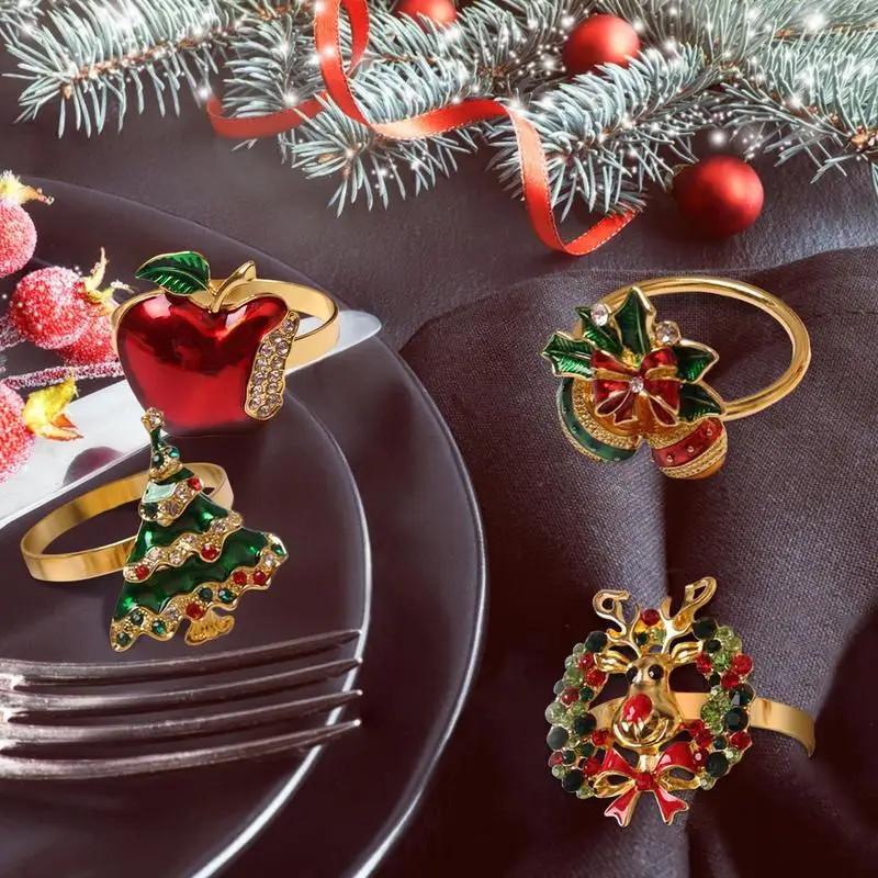 Reindeer Napkin Rings 6 PCS Holiday Napkin Rings Holder Bell Deer Wreath Christmas Tree Napkin Buckle Napkin Holders For Holiday