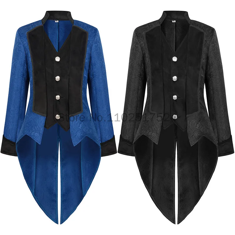 Men Steampunk Tail Coat Jacket Black Gothic Victorian Frock Coat Jacquard Clothing Dress Up Blue Trench Cosplay Costumes