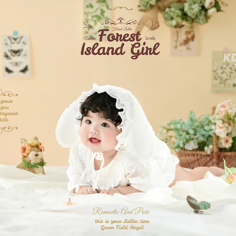 森ガール新生児写真撮影用衣装-ホワイトレースボンネット-複雑なレーストリム付きプリンセスドレス、スタジオ撮影用コスチューム