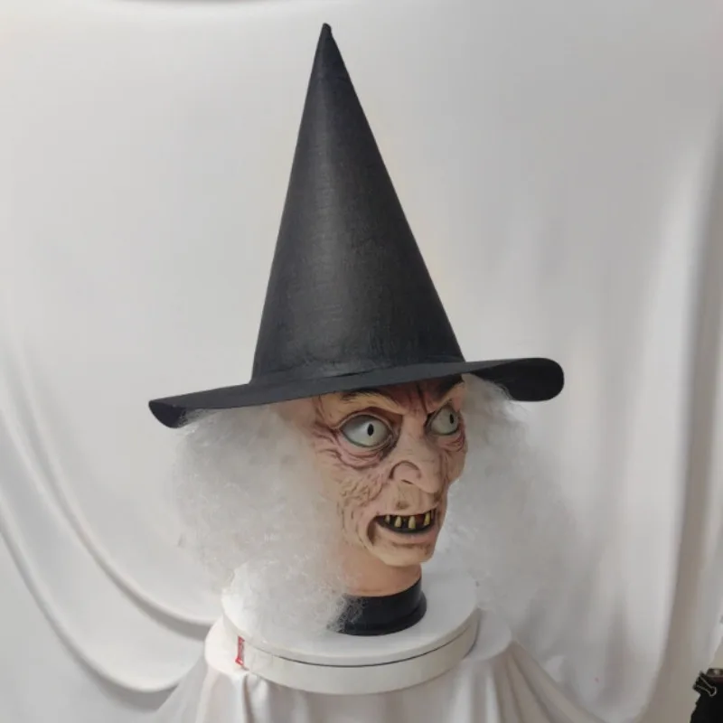 قناع الساحرة للسيدة العجوز مع شعر أبيض لحفلة الهالوين زي اللاتكس وحش ذو عيون كبيرة رجل عجوز للنساء قناع تنكر مخيف #4