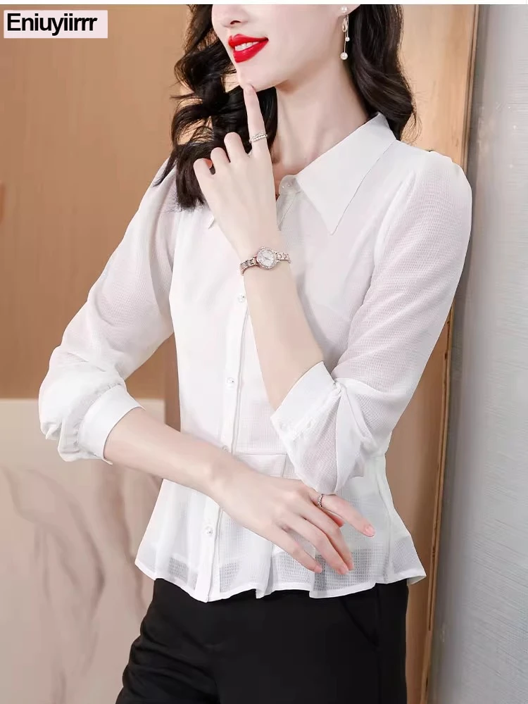 مكتب سيدة قمصان بيضاء شيك كوريا موضة ملابس طويلة الأكمام أساسيات العمل النساء الكشكشة بيبلوم بلايز البلوزات