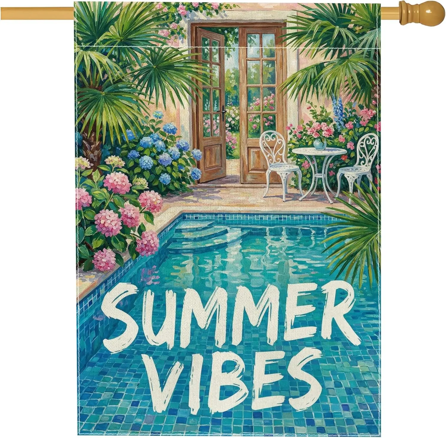 Swimming Pool House Flag, Summer Tropical Hydrangeas Palm Leaves Summer Blue Burlap Double Sided Outside Large Garden Flag f IIC