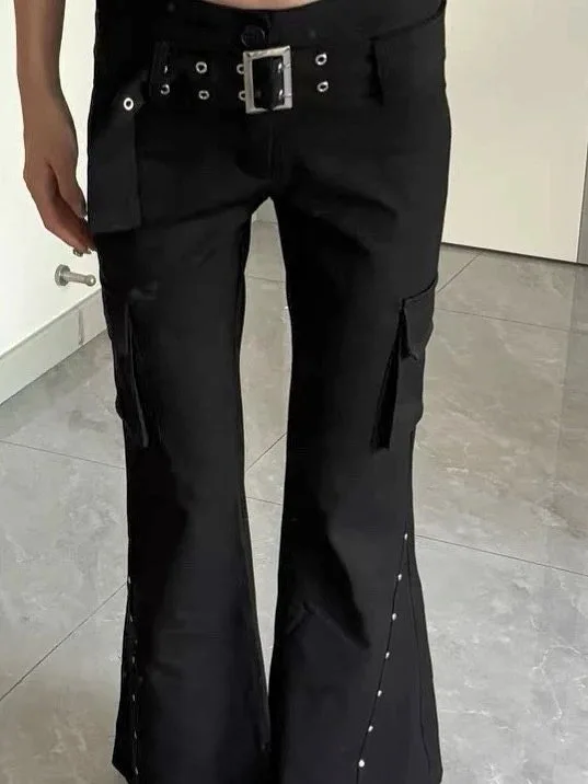 Jean évasé pour femmes, Design rétro américain à rivets noirs avec ceinture, taille basse, pantalon en Denim Y2k Harajuku, Streetwear gothique, bas de cloche