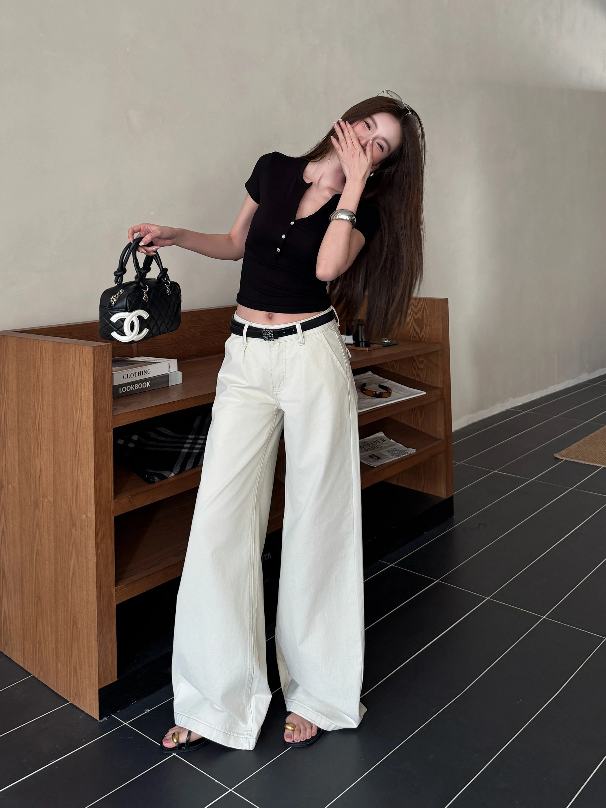 

Брюки-клеш в американском стиле с низкой талией, из денима цвета экрю, весенняя новинка, женские свободные брюки в пол