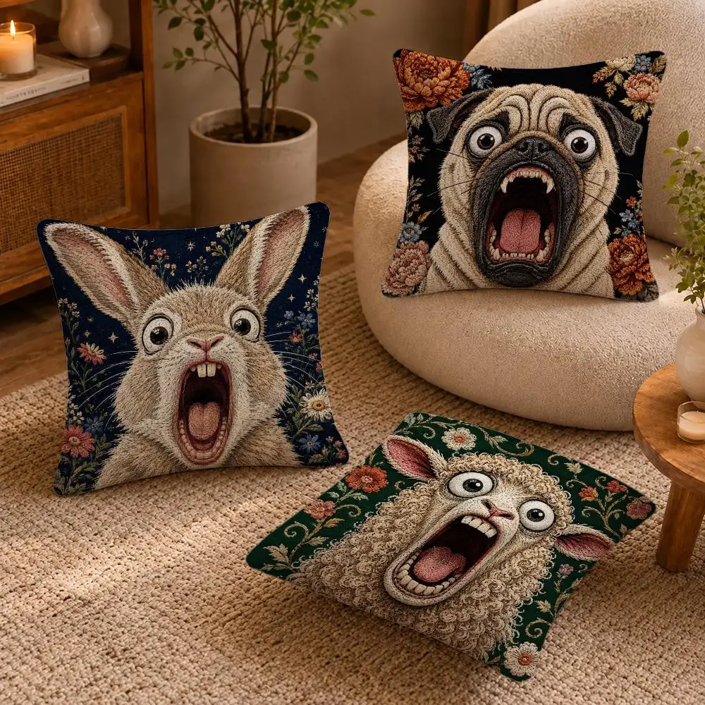 2D Funny Animals Screaming Cushion Cover Short-Plush Cushion Cover Pillowcase — Suitable for Sofas Bedrooms and Home Decor