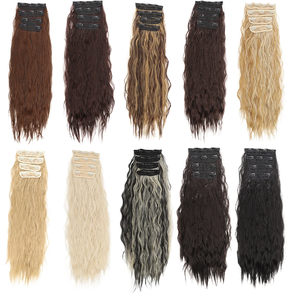 Clip In Hair Extensions 4Pcs 24 "Black Hair Extensions Lange Zeemeermin Golven Golvende Synthetische Clip Op Haarstuk Voor Vrouwen