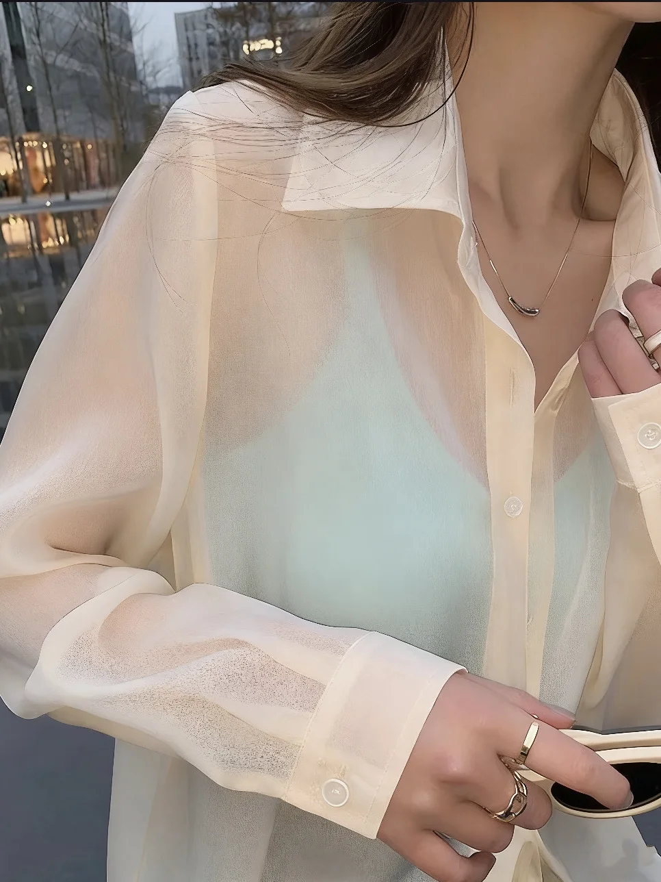 

Sun Protection Fashion Shirt Women's Summer Thin Long Sleeve Pearl Sand Color Block Mid-Length Open Cardigan Outerwear