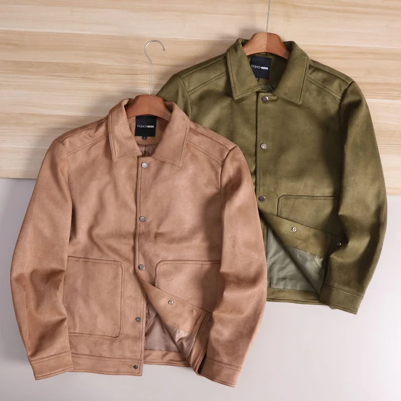 

Ele повседневная мужская замшевая куртка, весенне-осенняя дышащая эластичная длинная подставка с откидным воротником-стойкой из полиэфирного волокна