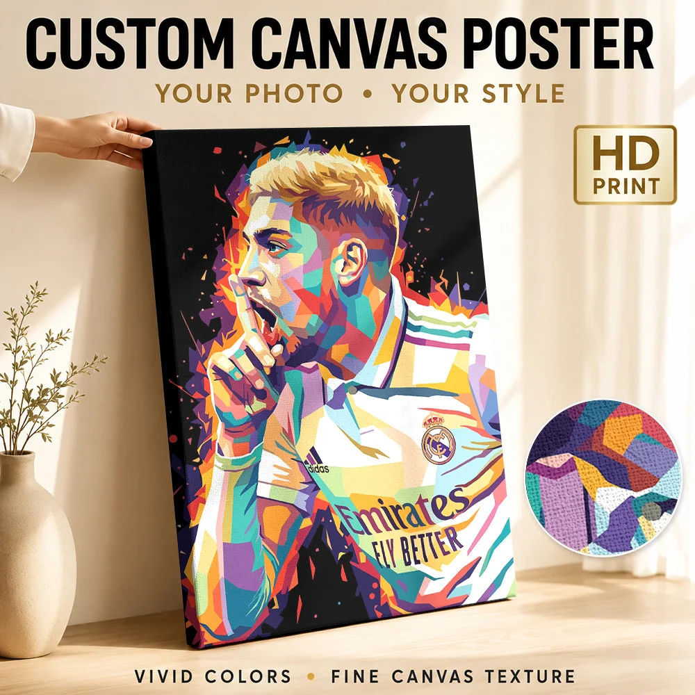 Federico Valverde Portrait Framed Canvas Poster Personalized Photo Geometric Color Blocking Wall Art For Football Fan Lounge