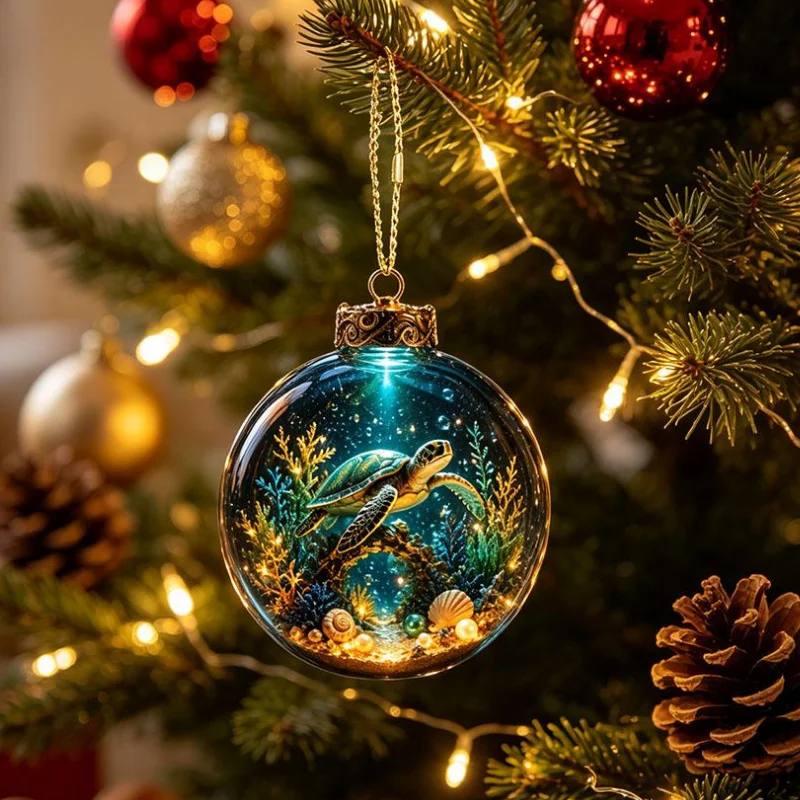 Christmas Ball Ornament with Light Christmas Tree Hanging Bauble Underwater World Marine Animal Pattern Round Pendant Gifts