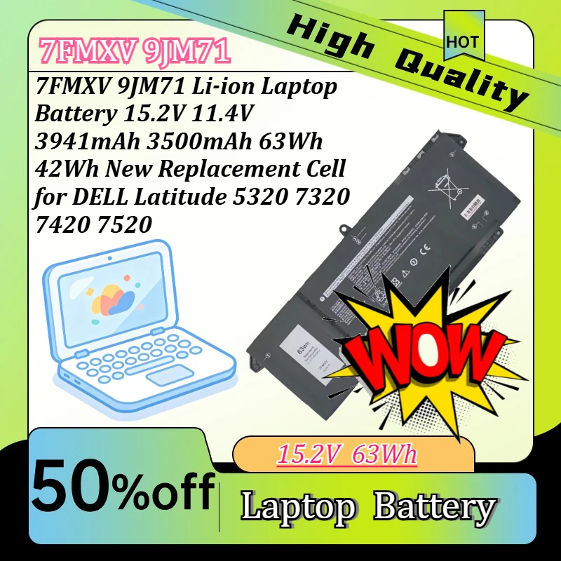7FMXV 9JM71 Li-ion Laptop Battery 15.2V 11.4V  63Wh 42Wh New Replacement Cell for D ELL Latitude 5320 7320 7420 7520