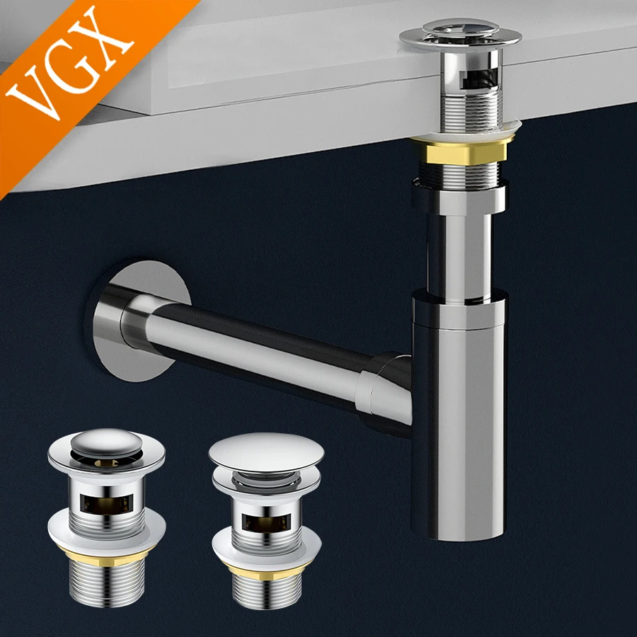 VGX Round P-Trap Waste Pipe Kit Bathroom Basin Bottle Plumbing  Trap Pop Up Drain Stopper with Overflow Sink Siphon Chrome Brass