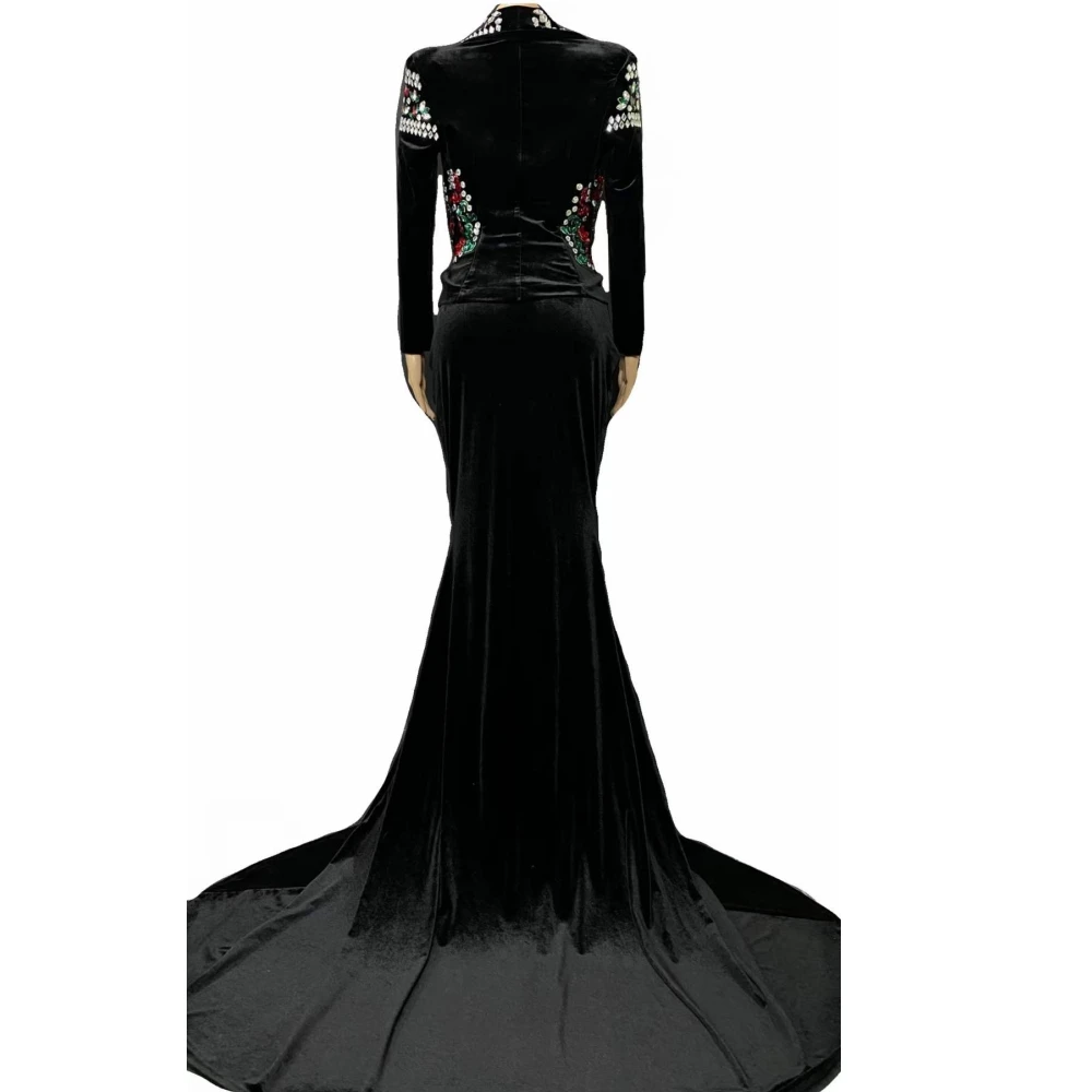 Robe longue noire à col en V profond en velours fz pour femmes, cristal brillant, sexy, traînante, célébrité, vêtements élégants, tenue de soirée pour chanteur