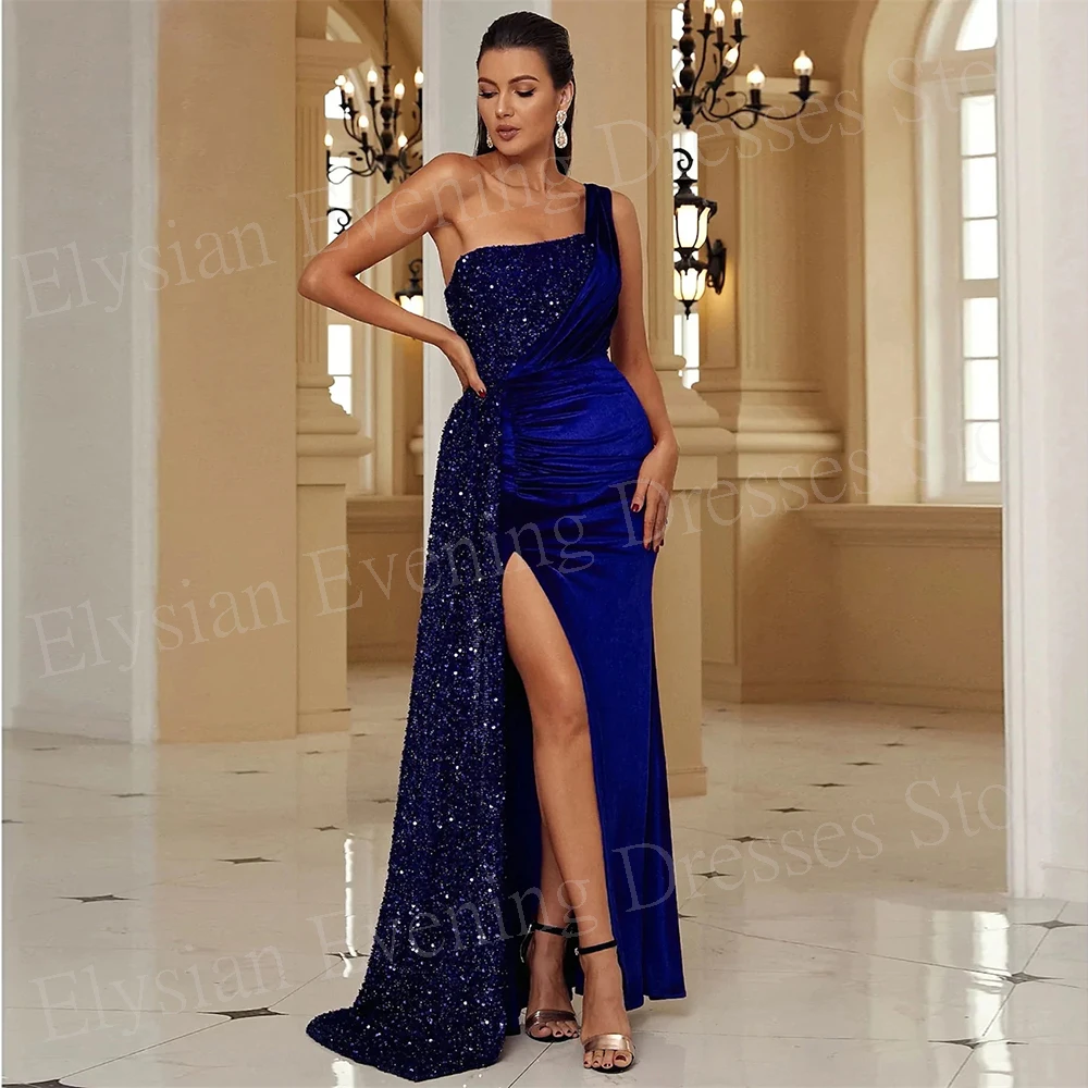 

2024 Shiny Sexy Women's Mermaid Graceful Evening Dresses Modern One Shoulder Backless Prom Gowns Split Sequined Vestido Festas