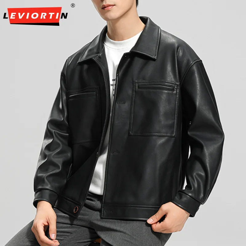 남성용 PU 가죽 재킷, 솔리드 라펠 지퍼 코트, 긴팔, 캐주얼 작업복, 워시 프리 오토바이 재킷, 스트리트웨어, 가을, 신상