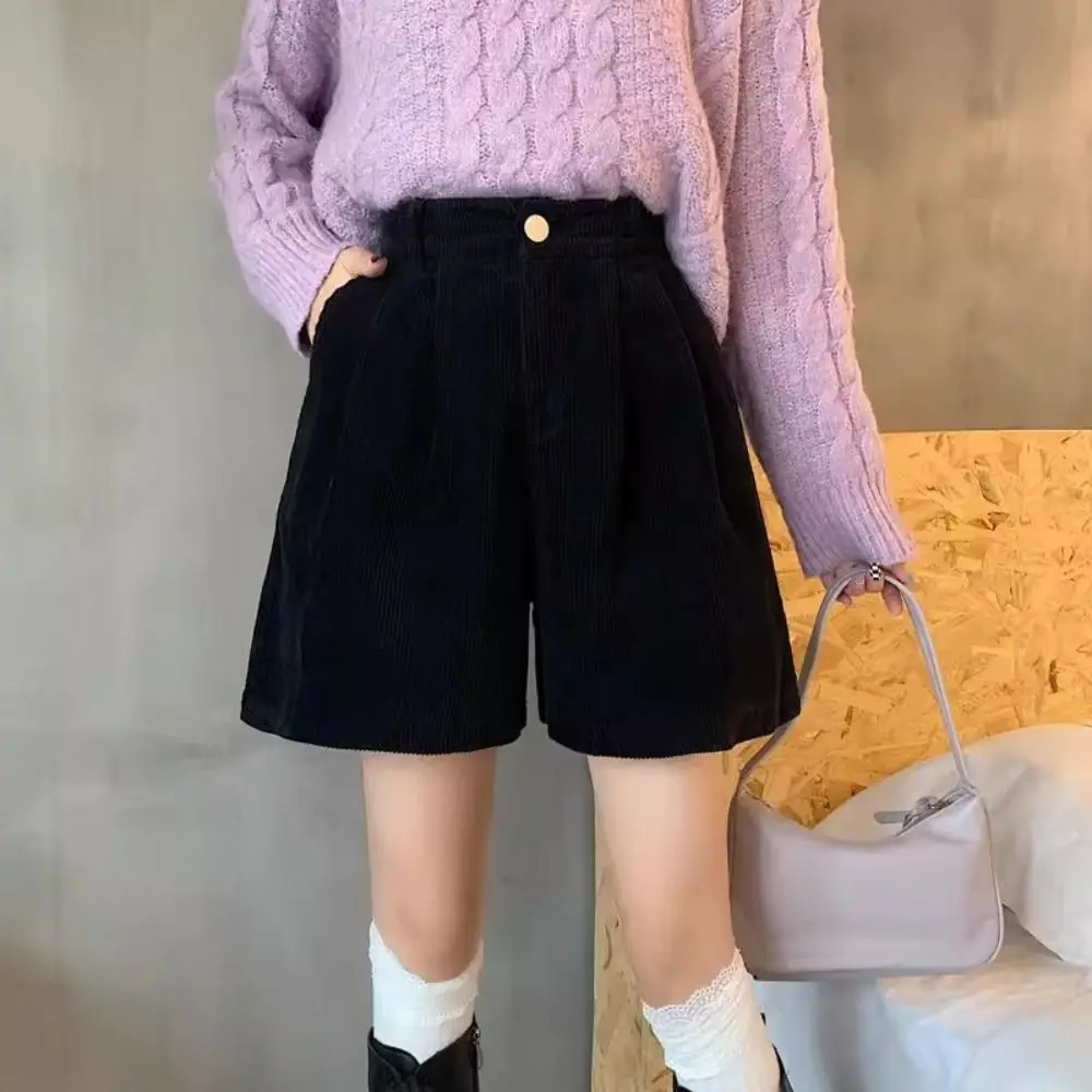 High Waist Women Corduroy Shorts Stripe Elastic Wide Leg Short Pants Large Size Two Pockets Loose Streetwear Autumn Winter