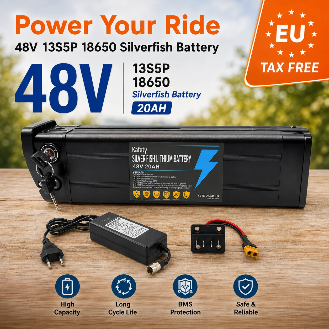 Akumulator litowy Silver Fish 36V/48V/52V/60V 10Ah 12Ah 15Ah 20Ah do składanych e-rowerów o mocy 250W-1800W, z ładowarką XLR 2A.