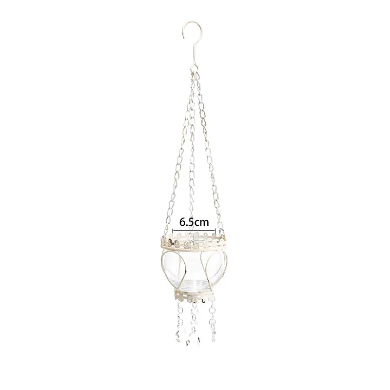 

Hanging Glass Candle Holder, Vintage White Iron with Crystal Accents, 52cm Height, Decorative Lantern with Chain