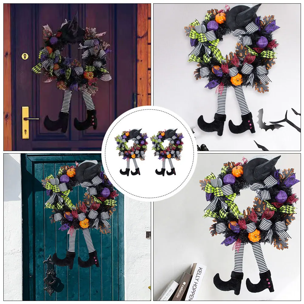 

2Pcs Halloween Wreath Witch Garland Hat Legs Horror Haunted Door Hanging Halloween Decorative Ornament Witch Wreath