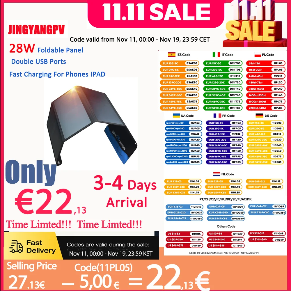 

28W Folding Solar Panel 2 USB Ports Portable Solar Panel Phone Charger with SunPower Solar Cell for mobilephone Camping Hiking