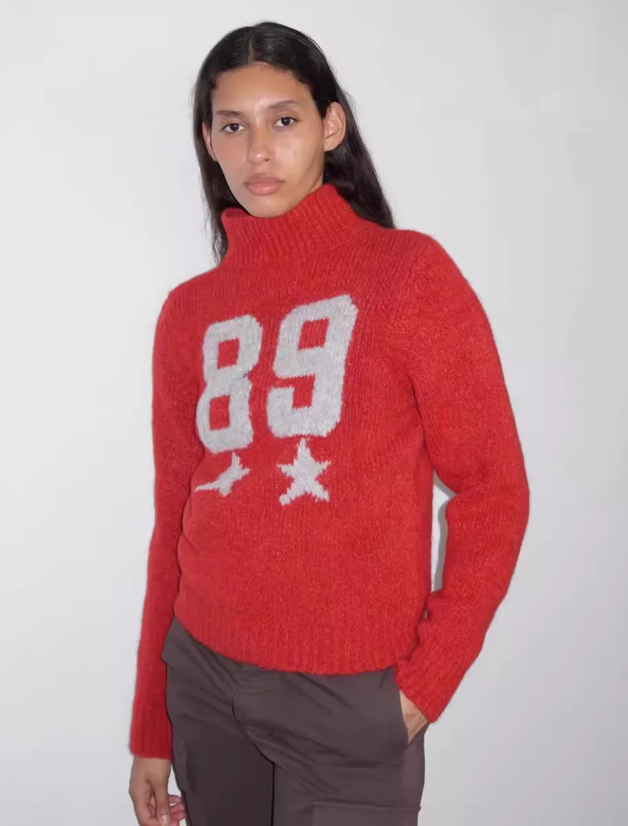 

Paloma Wool Red Wool Blend Knitted Letter Hooked Collar Sweater Women's Autumn V-ne Street Sle Regular Length