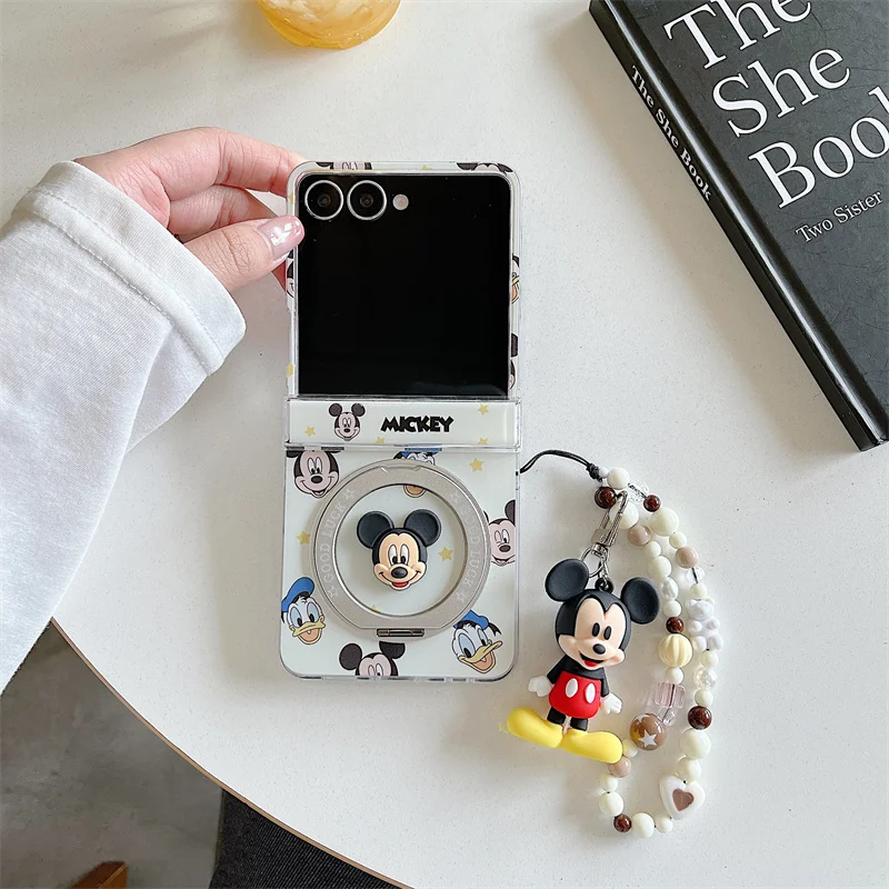 

Mickey Mouse Magnetic Folding Phone Case For Samsung Galaxy Z Flip 3 4 5 6 7 3D Holder Beaded Lanyard INS Kawaii Shockproof Cove