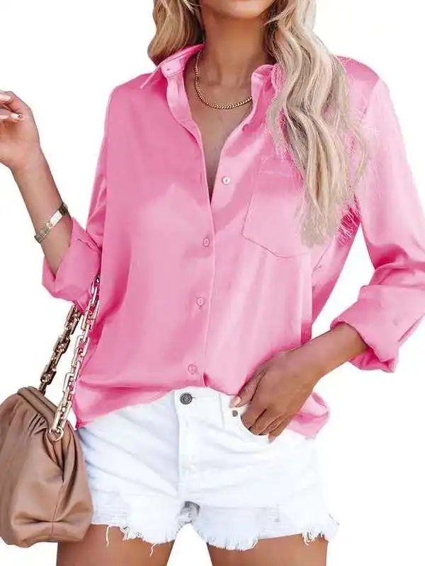 

Women's Spring Acetate Satin Long irt Color Sve B Commute Sle Thin Material Pure Color Long Sve Easy to Deform