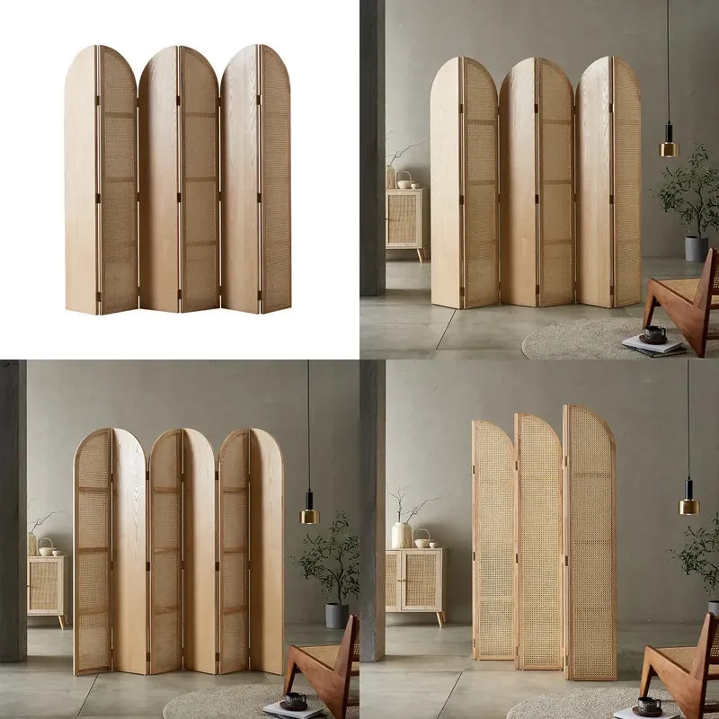 Nordic Rattan Solid Wood Folding Room Divider Screen Portable Storage Partition for Bedroom Living Room Japanese Style Decor