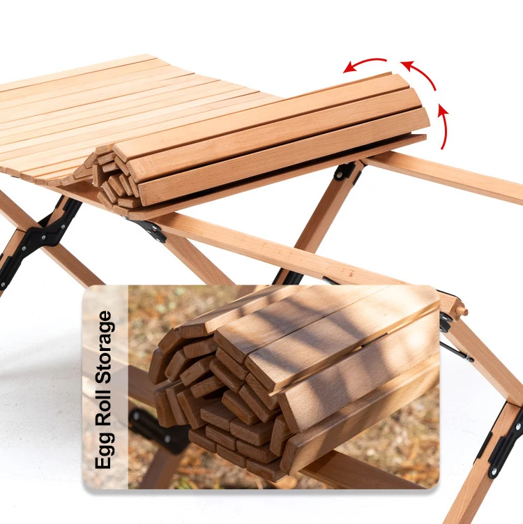 Outdoor Portable Egg Folding Camping Table Roll Up Picnic Wood Grain Aluminum Alloy Metal Foldable Outdoor Furniture Modern