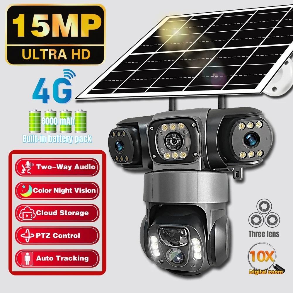 

V380Pro Triple Lens 4G Solar Camera Outdoor 15MP 10X Zoom Triple Screen PIR Motion Detection Security Surveillance IP66 PTZ Cam