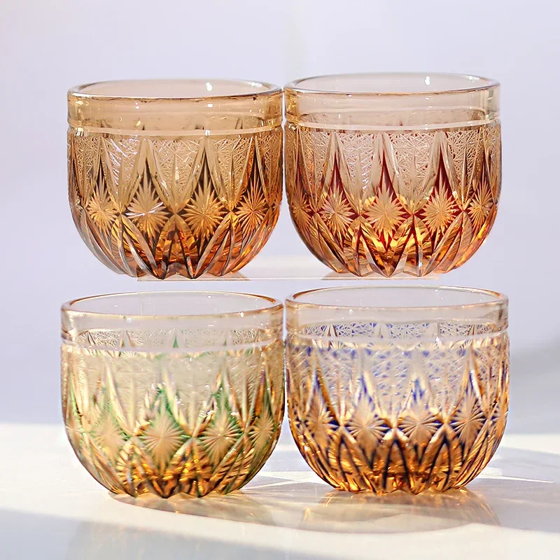 Handcrafts Edo Kiriko Amber Colored Sake Glass Cup Shot Glass Liquor Glass Cup for Japanese Alcohol Drinkware