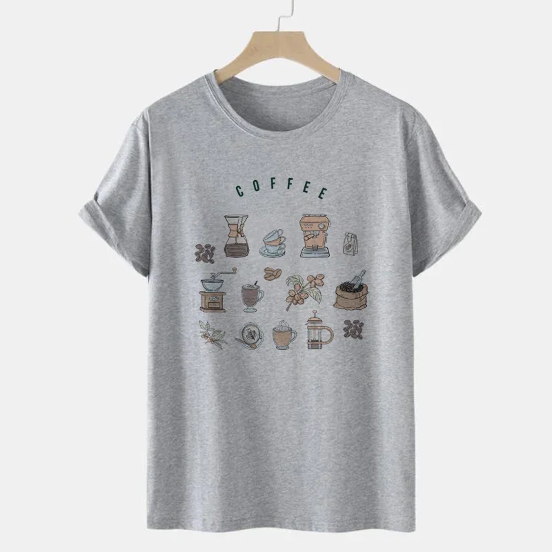 4306Coffee Icons Print T Shirt Coffee Lover Gift Tees Summer Casual O-neck Loose Women T-Shirts Cute Short Sleeve Tops