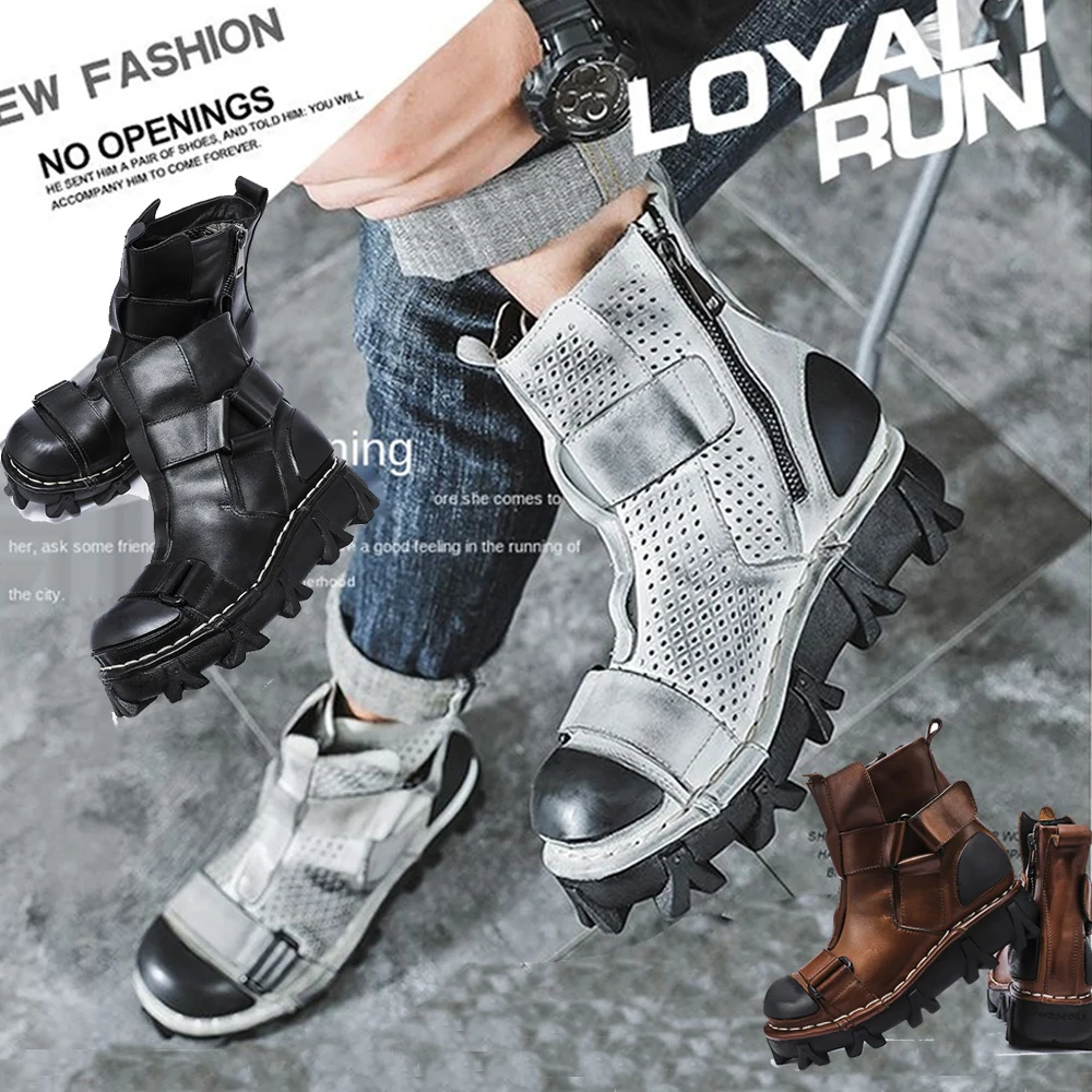 Men Genuine Leather Motorcycle Boots Work Zip Military Boots Punk Mid-calf Skull Western Industrial Construction Boots Platform